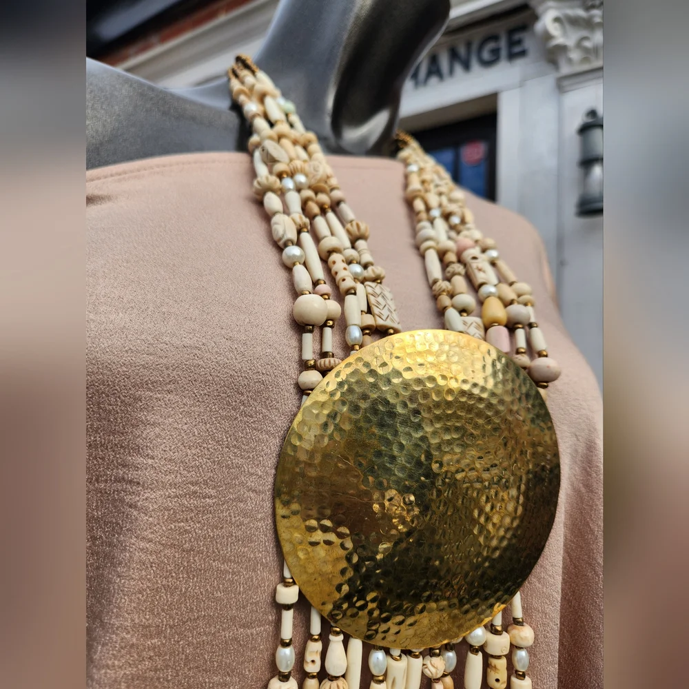 Neutral Beaded Statement Necklace with Bold Medallion ๐ - Picture 3 of 17